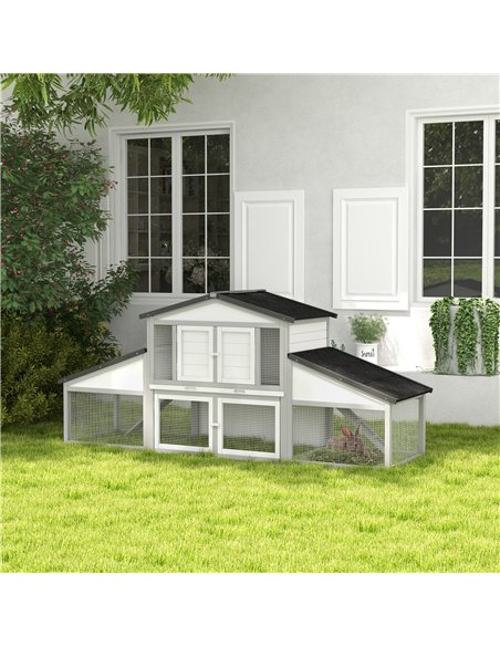 PawHut Large Rabbit Hutch with Run, Outdoor Bunny Cage, with Tray, Ramp - Light Grey - pic 149664 | FastDaddyshop