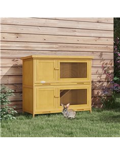 PawHut Double Decker Rabbit Hutch 2 Tier Guinea Pig House Pet Cage Outdoor with Sliding-out Tray, 100 x 47 x 91cm, Yellow 2