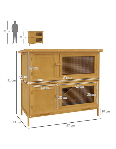 PawHut Double Decker Rabbit Hutch 2 Tier Guinea Pig House Pet Cage Outdoor with Sliding-out Tray, 100 x 47 x 91cm, Yellow