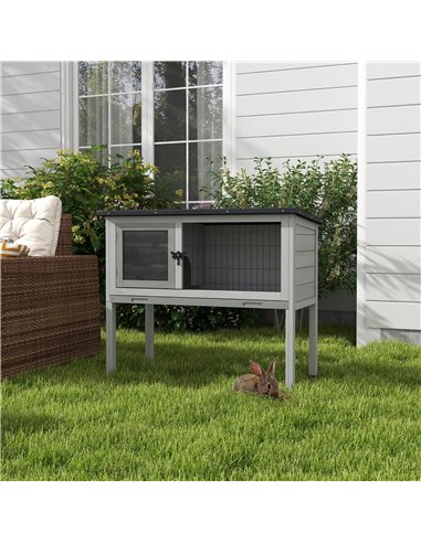 PawHut Wooden Guinea Pig Hutch, Small Animal Cage with Slide-out Tray, Openable Asphalt Roof, 84 x 43 x 70cm, Grey