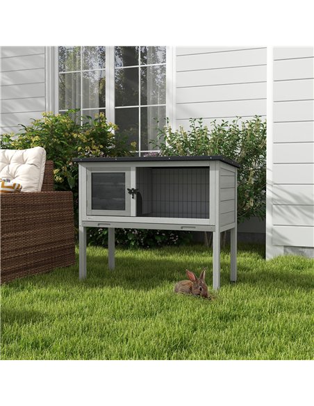 PawHut Wooden Guinea Pig Hutch, Small Animal Cage with Slide-out Tray, Openable Asphalt Roof, 84 x 43 x 70cm, Grey - pic 149682 | FastDaddyshop