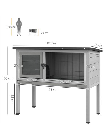 PawHut Wooden Guinea Pig Hutch, Small Animal Cage with Slide-out Tray, Openable Asphalt Roof, 84 x 43 x 70cm, Grey