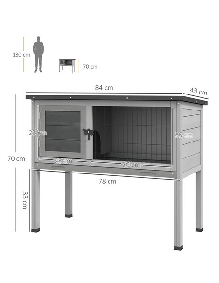 PawHut Wooden Guinea Pig Hutch, Small Animal Cage with Slide-out Tray, Openable Asphalt Roof, 84 x 43 x 70cm, Grey - pic 149683 | FastDaddyshop