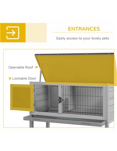 PawHut Wooden Guinea Pig Hutch, Small Animal Cage with Slide-out Tray, Openable Asphalt Roof, 84 x 43 x 70cm, Grey