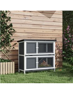 PawHut Double Decker Rabbit Hutch 2 Tier Guinea Pig House Pet Cage Outdoor with Sliding-out Tray, 100 x 47 x 91cm, Grey 2