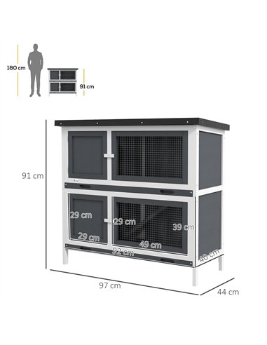 PawHut Double Decker Rabbit Hutch 2 Tier Guinea Pig House Pet Cage Outdoor with Sliding-out Tray, 100 x 47 x 91cm, Grey
