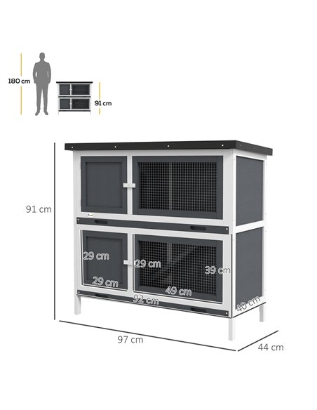 PawHut Double Decker Rabbit Hutch 2 Tier Guinea Pig House Pet Cage Outdoor with Sliding-out Tray, 100 x 47 x 91cm, Grey - pic 149692 | FastDaddyshop