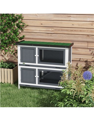 PawHut Double Decker Rabbit Hutch 2 Tier Guinea Pig House Pet Cage Outdoor with Sliding-out Tray, 100 x 47 x 91cm, Grey