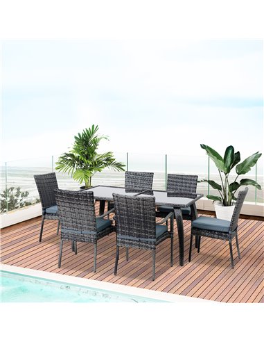Outsunny 7 Pieces PE Rattan Garden Dining Set with Glass Top and Cushions, Grey