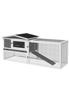 PawHut Rabbit Hutch with Run Wooden Guinea Pig Hutch Outdoor Bunny Cage Hide House with Sliding Tray, Hay Rack, Ramp, 156 x 58 x