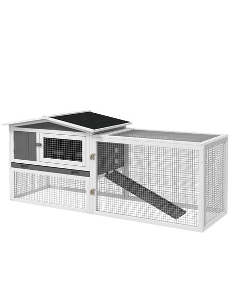 PawHut Rabbit Hutch with Run Wooden Guinea Pig Hutch Outdoor Bunny Cage Hide House with Sliding Tray, Hay Rack, Ramp, 156 x 58 x - pic 149708 | FastDaddyshop