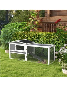 PawHut Rabbit Hutch with Run Wooden Guinea Pig Hutch Outdoor Bunny Cage Hide House with Sliding Tray, Hay Rack, Ramp, 156 x 58 x 2