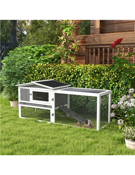 PawHut Rabbit Hutch with Run Wooden Guinea Pig Hutch Outdoor Bunny Cage Hide House with Sliding Tray, Hay Rack, Ramp, 156 x 58 x - pic 149709 | FastDaddyshop