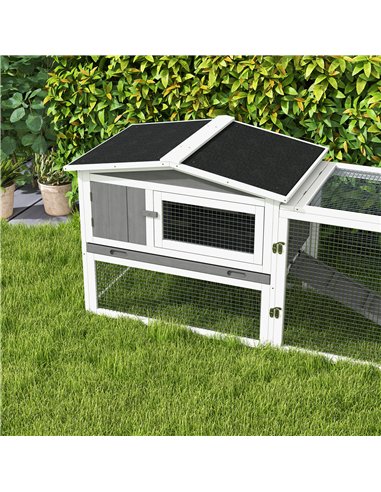 PawHut Rabbit Hutch with Run Wooden Guinea Pig Hutch Outdoor Bunny Cage Hide House with Sliding Tray, Hay Rack, Ramp, 156 x 58 x