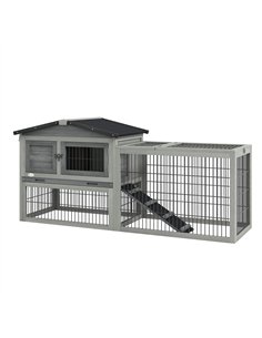 PawHut Wooden Rabbit Hutch with Outdoor Run Grey