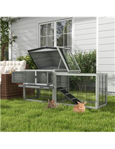 PawHut Wooden Rabbit Hutch with Outdoor Run Grey 2