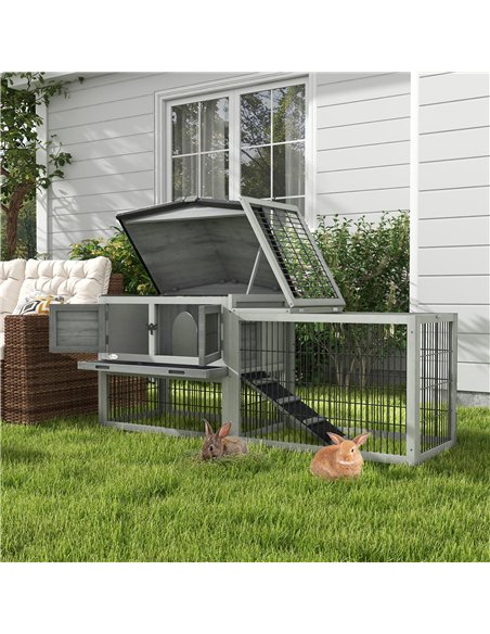 PawHut Wooden Rabbit Hutch with Outdoor Run Grey - pic 149727 | FastDaddyshop
