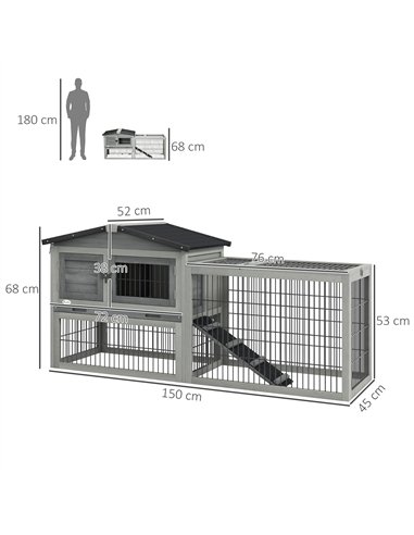 PawHut Wooden Rabbit Hutch with Outdoor Run Grey