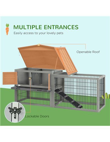 PawHut Wooden Rabbit Hutch with Outdoor Run Grey