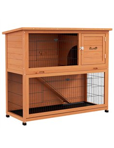 PawHut Two-Tier Antiseptic Wood Rabbit Hutch, 102cm Guinea Pig Hutch with Run - Orange