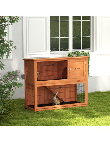 PawHut Two-Tier Antiseptic Wood Rabbit Hutch, 102cm Guinea Pig Hutch with Run - Orange
