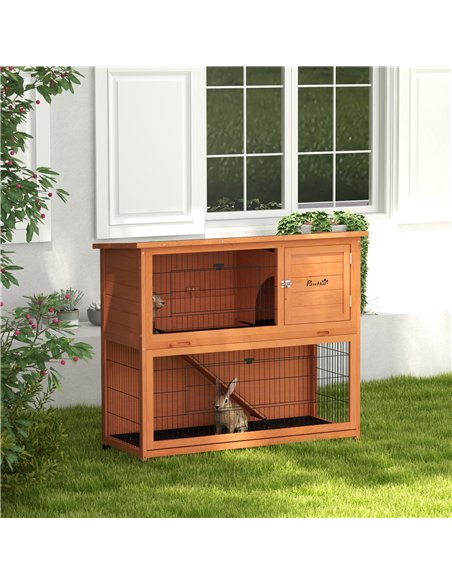 PawHut Two-Tier Antiseptic Wood Rabbit Hutch, 102cm Guinea Pig Hutch with Run - Orange - pic 149745 | FastDaddyshop