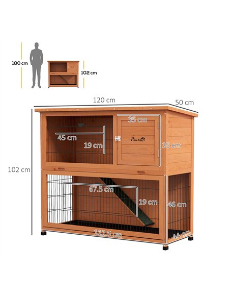 PawHut Two-Tier Antiseptic Wood Rabbit Hutch, 102cm Guinea Pig Hutch with Run - Orange - pic 149746 | FastDaddyshop