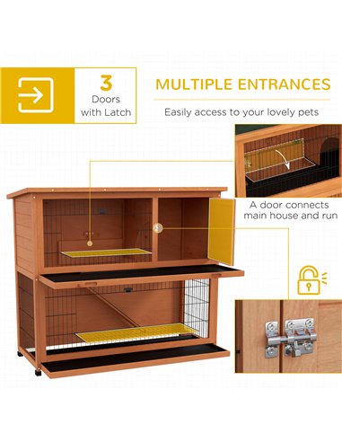 PawHut Two-Tier Antiseptic Wood Rabbit Hutch, 102cm Guinea Pig Hutch with Run - Orange