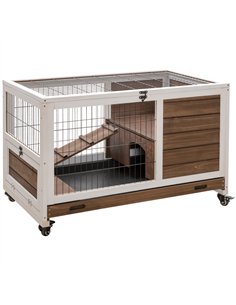 PawHut Wooden Guinea Pig Hutch, 2-Floor Bunny Cage w/ Enclosed Run Area, Brown