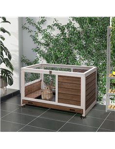 PawHut Wooden Guinea Pig Hutch, 2-Floor Bunny Cage w/ Enclosed Run Area, Brown 2