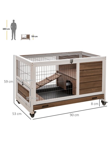 PawHut Wooden Guinea Pig Hutch, 2-Floor Bunny Cage w/ Enclosed Run Area, Brown - pic 149755 | FastDaddyshop