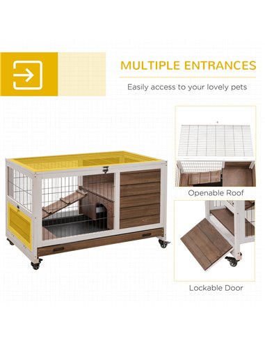 PawHut Wooden Guinea Pig Hutch, 2-Floor Bunny Cage w/ Enclosed Run Area, Brown