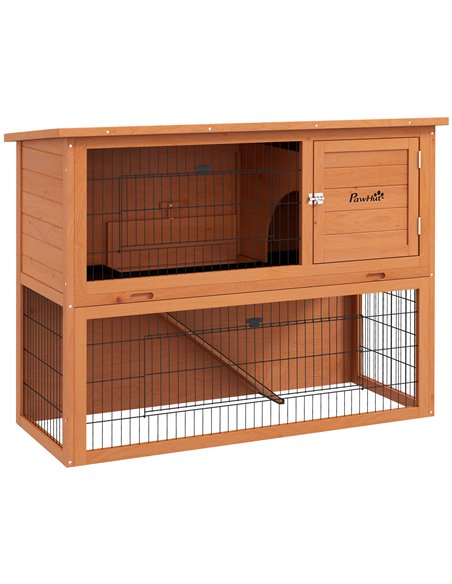 PawHut Two-Tier Antiseptic Wood Rabbit Hutch, 92cm Guinea Pig Hutch with Run - Orange - pic 149762 | FastDaddyshop