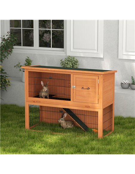 PawHut Two-Tier Antiseptic Wood Rabbit Hutch, 92cm Guinea Pig Hutch with Run - Orange - pic 149763 | FastDaddyshop