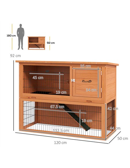 PawHut Two-Tier Antiseptic Wood Rabbit Hutch, 92cm Guinea Pig Hutch with Run - Orange - pic 149764 | FastDaddyshop