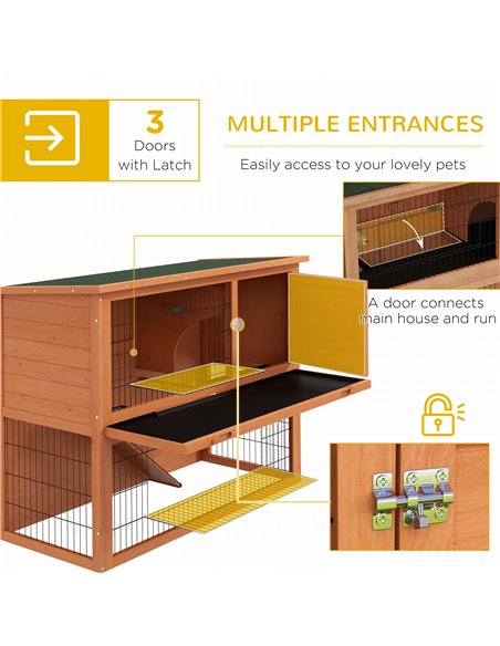 PawHut Two-Tier Antiseptic Wood Rabbit Hutch, 92cm Guinea Pig Hutch with Run - Orange - pic 149765 | FastDaddyshop