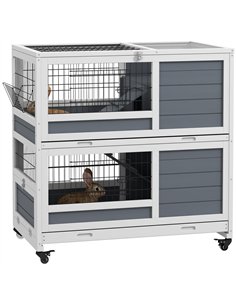 PawHut Double Deckers Guinea Pig Cage, Indoor Rabbit Hutch with Feeding Trough, Trays, Ramps, Openable Top - Grey