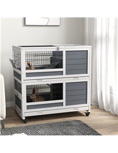 PawHut Double Deckers Guinea Pig Cage, Indoor Rabbit Hutch with Feeding Trough, Trays, Ramps, Openable Top - Grey 2
