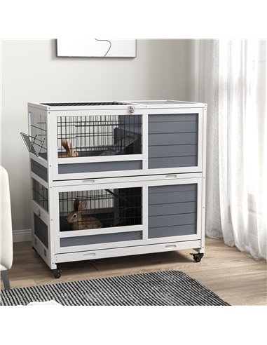 PawHut Double Deckers Guinea Pig Cage, Indoor Rabbit Hutch with Feeding Trough, Trays, Ramps, Openable Top - Grey