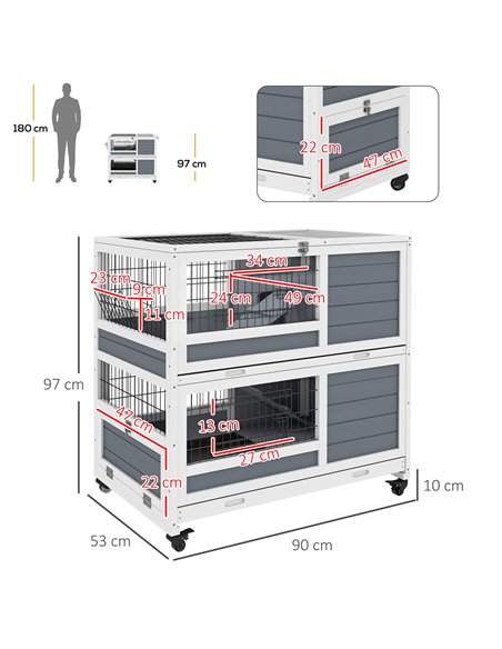 PawHut Double Deckers Guinea Pig Cage, Indoor Rabbit Hutch with Feeding Trough, Trays, Ramps, Openable Top - Grey - pic 149773 | FastDaddyshop