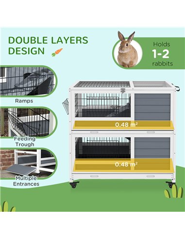 PawHut Double Deckers Guinea Pig Cage, Indoor Rabbit Hutch with Feeding Trough, Trays, Ramps, Openable Top - Grey