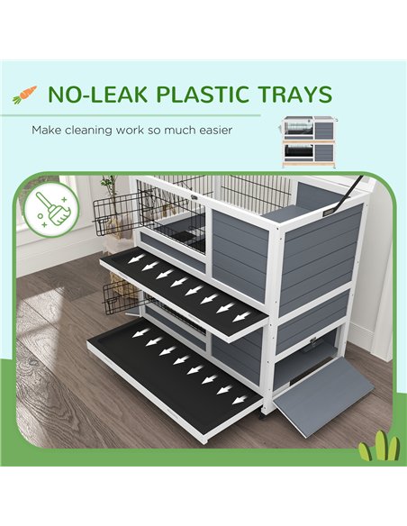 PawHut Double Deckers Guinea Pig Cage, Indoor Rabbit Hutch with Feeding Trough, Trays, Ramps, Openable Top - Grey - pic 149776 | FastDaddyshop