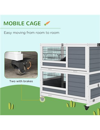 PawHut Double Deckers Guinea Pig Cage, Indoor Rabbit Hutch with Feeding Trough, Trays, Ramps, Openable Top - Grey