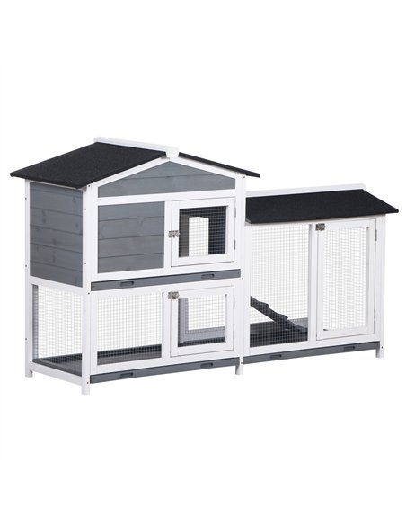 PawHut Wooden 2-Tier Rabbit Hutch w/ Tray Ramp Grey - pic 149780 | FastDaddyshop