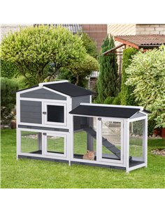 PawHut Wooden 2-Tier Rabbit Hutch w/ Tray Ramp Grey 2