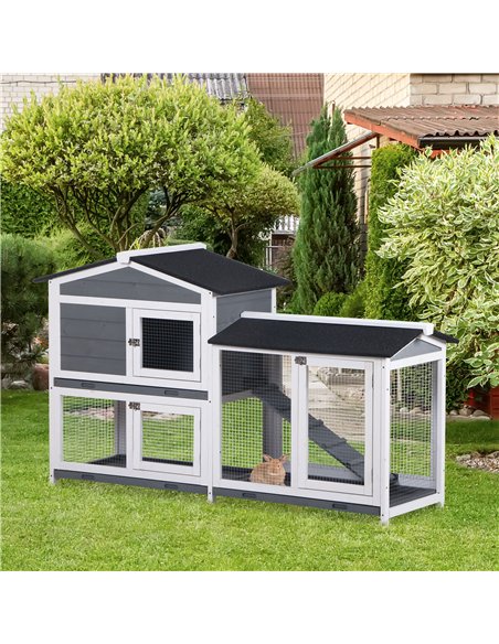 PawHut Wooden 2-Tier Rabbit Hutch w/ Tray Ramp Grey - pic 149781 | FastDaddyshop