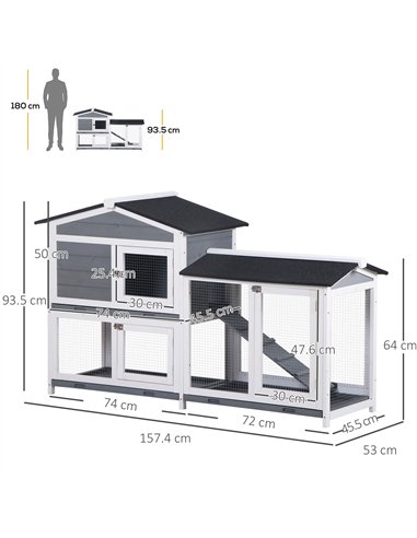 PawHut Wooden 2-Tier Rabbit Hutch w/ Tray Ramp Grey