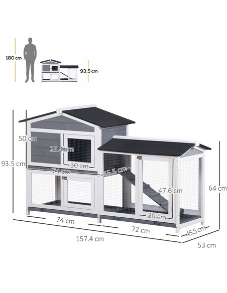 PawHut Wooden 2-Tier Rabbit Hutch w/ Tray Ramp Grey - pic 149782 | FastDaddyshop
