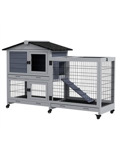 PawHut Portable Rabbit Cage, Rabbit Hutch with Run, Wheels, Three Slide-Out Trays, Ramp, Openable Top for Outdoor Indoor - Grey