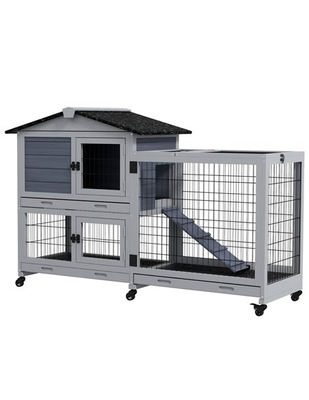 PawHut Portable Rabbit Cage, Rabbit Hutch with Run, Wheels, Three Slide-Out Trays, Ramp, Openable Top for Outdoor Indoor - Grey - pic 149789 | FastDaddyshop